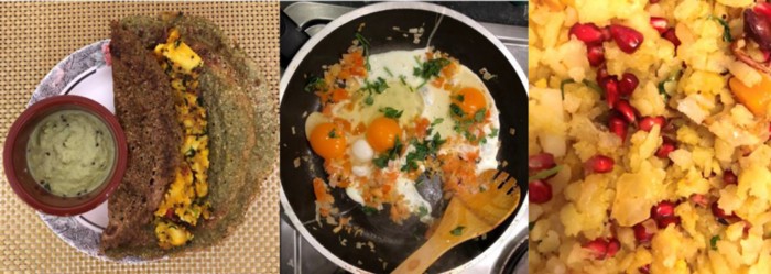 Photos by Roshan Daryanani, from left to right: Moong Dal Dosa, the beginnings of Anda Bhurji and Batata Poa